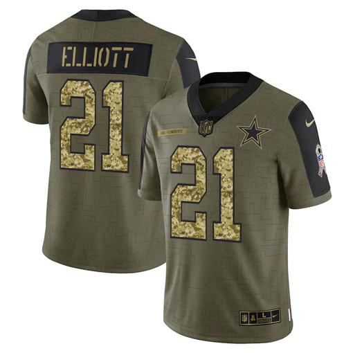 Men's Dallas Cowboys #21 Ezekiel Elliott 2021 Olive Camo Salute To Service Limited Stitched Jersey